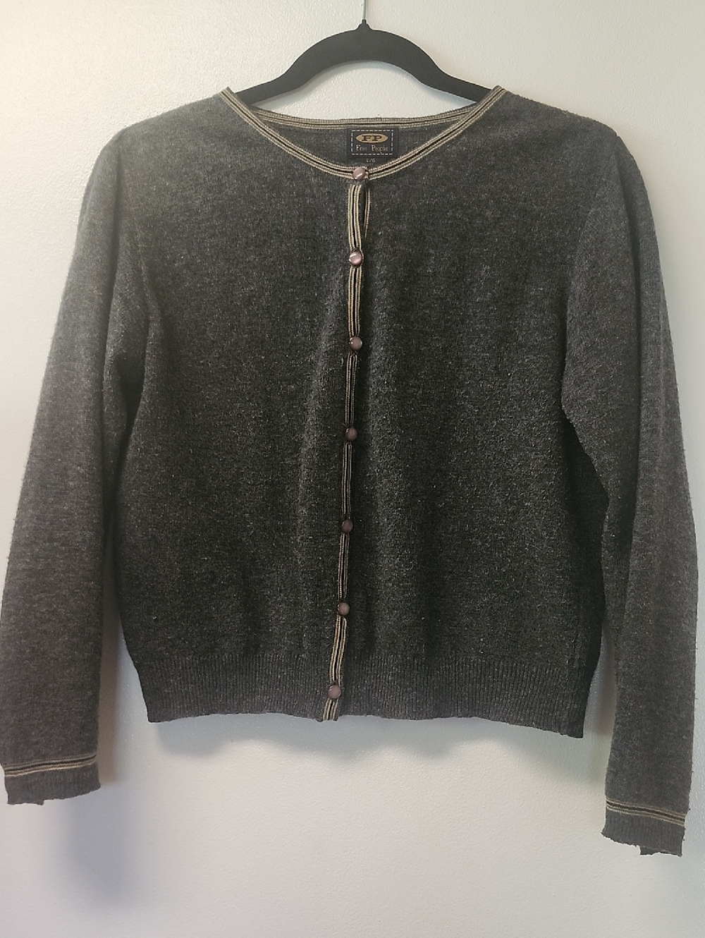 Free People Charcoal Wool Blend Button-Front Cardigan with Contrasting Trim